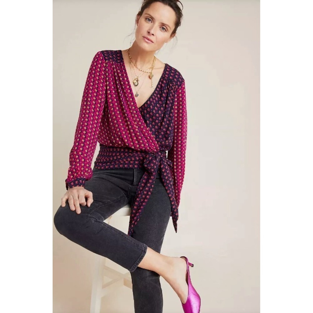 Anthropologie Wrap Blouse in Magenta and Navy - Picture 4 of 12